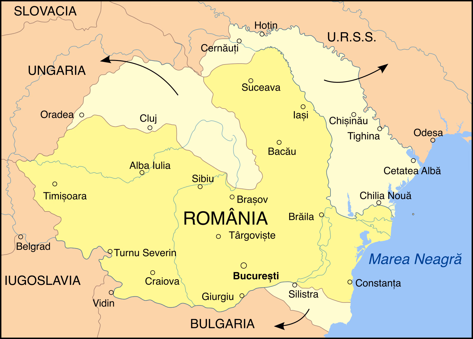 Harta României în 1940: cu galben-deschis sunt teritoriile pierdute în vara lui 1940 (Basarabia și nordul Bucovinei, nord-vestul Transilvaniei, sudul Dobrogei), cu săgeți spre URSS, Ungaria și Bulgaria; orașe marcate: București, Cluj, Oradea, Cernăuți, Hotin, Chișinău, Tighina, Cetatea Albă, Silistra, Craiova și altele.