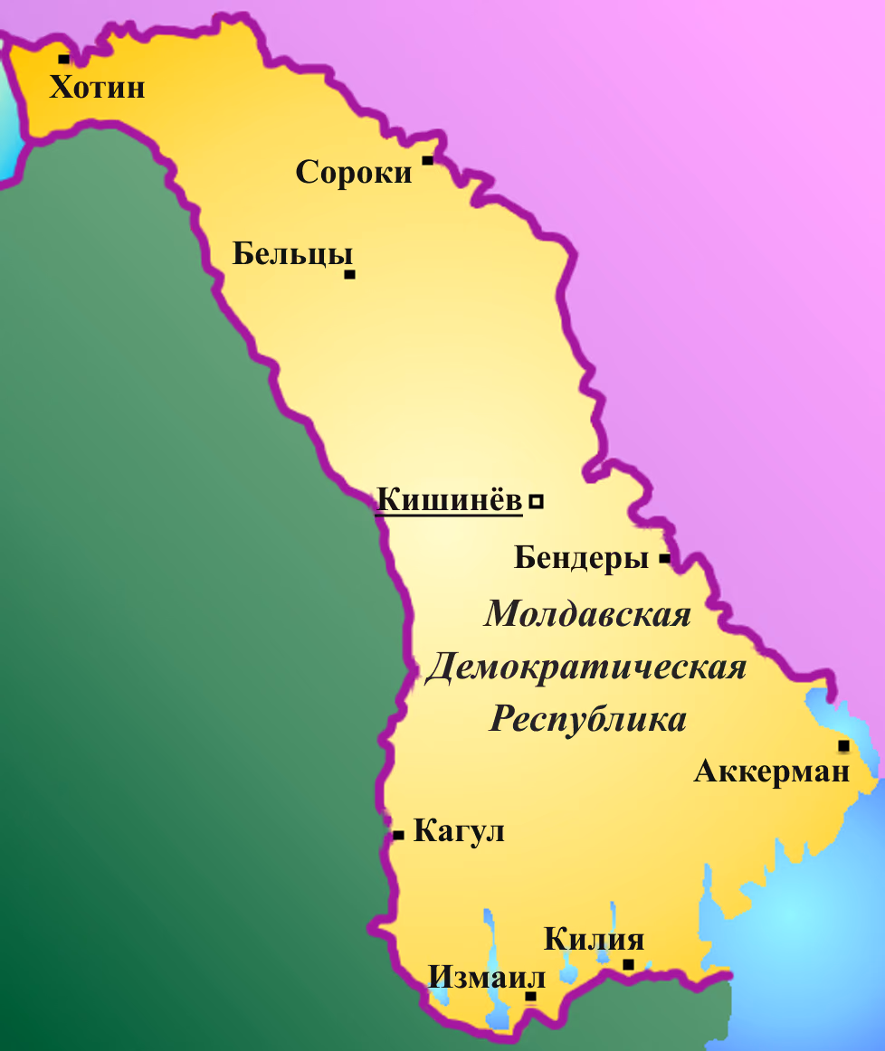 Карта Молдавской Демократической Республики в границах Бессарабии, между Прутом и Днестром, от Хотина до Дуная и Черного моря, с городами Хотин, Сороки, Бельцы, Кишинёв, Бендеры, Аккерман, Кагул, Измаил и Килия.