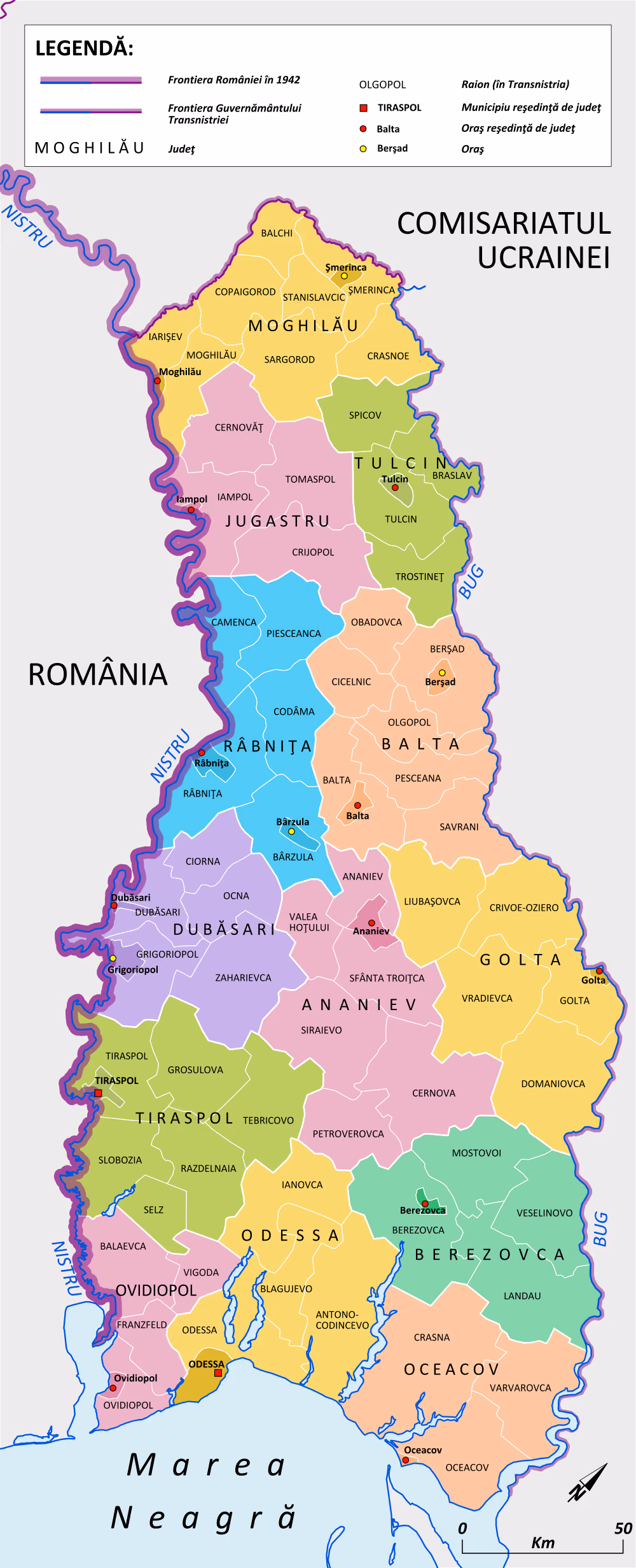 Harta administrativă a Transnistriei în 1942: teritoriul dintre Nistru și Bug, împărțit în 13 județe (Moghilău, Tulcin, Jugastru, Balta, Râbnița, Dubăsari, Ananiev, Golta, Tiraspol, Ovidiopol, Odessa, Berezovca, Oceacov) și în raioane; la vest România, la nord-est Comisariatul Ucrainei, la sud Marea Neagră.