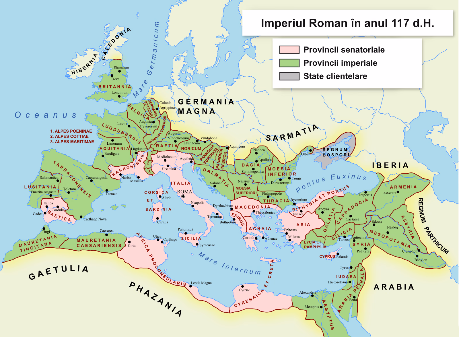 Harta Imperiului Roman la întinderea maximă: de la Britannia și Hispania până la Armenia, Mesopotamia și Aegyptus, cu Italia și Roma în centru și Dacia la nord de Dunăre; provinciile colorate în roz și verde, statele clientelare în gri.