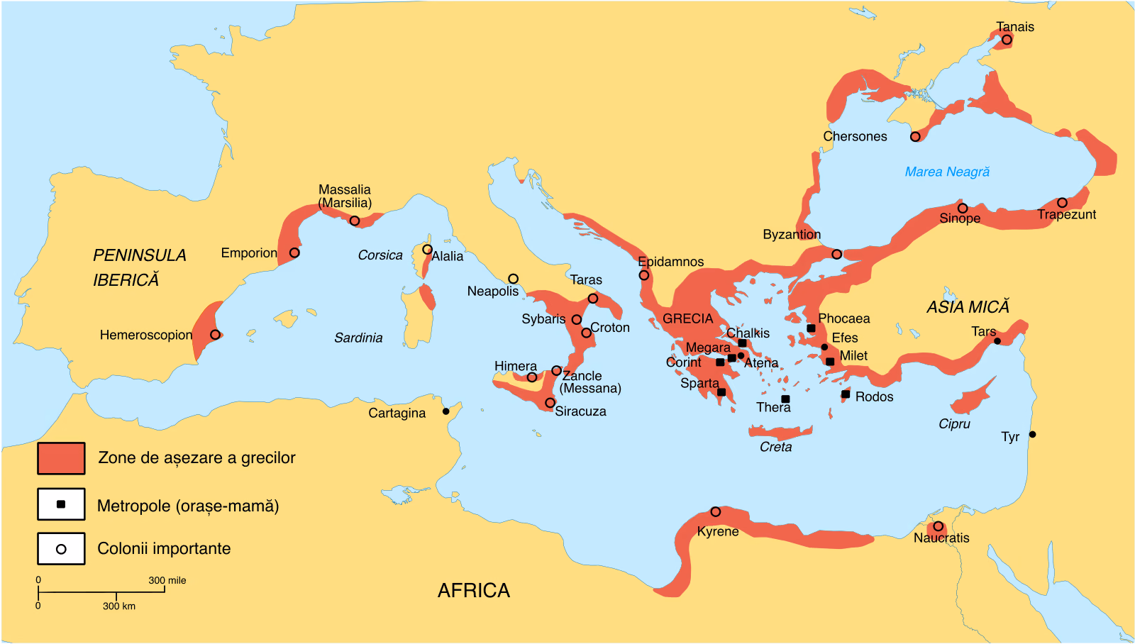 Harta bazinului mediteranean și a Mării Negre în epoca arhaică: zonele de așezare a grecilor colorate cu roșu, metropolele (Corint, Megara, Chalkis, Sparta, Milet, Phocaea, Rodos, Thera) marcate cu pătrate și coloniile importante (Massalia, Emporion, Neapolis, Taras, Siracuza, Kyrene, Naucratis, Byzantion, Sinope, Chersones, Tanais și altele) marcate cu cercuri.