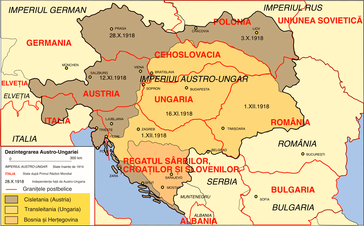 Harta Europei Centrale la sfârșitul Primului Război Mondial: teritoriul fostului Imperiu Austro-Ungar, împărțit în Cisleitania, Transleitania și Bosnia-Herțegovina, granițele de după război și statele Austria, Ungaria, Cehoslovacia, Polonia, Regatul Sârbilor, Croaților și Slovenilor și România, cu date din octombrie–decembrie 1918.