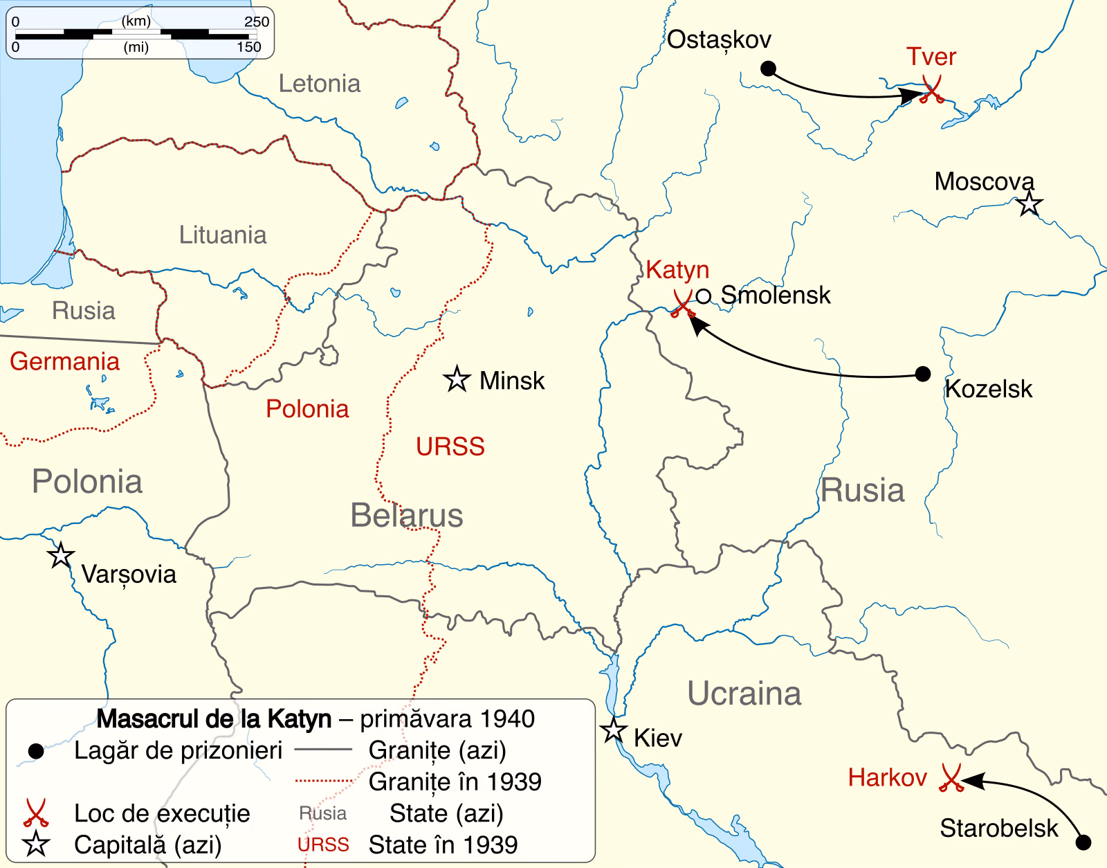 Harta masacrului de la Katyn, primăvara 1940: lagărele de prizonieri Kozelsk, Starobelsk și Ostașkov, săgeți spre locurile de execuție Katyn (lângă Smolensk), Harkov și Tver, granițele din 1939 și cele de azi, cu Polonia, Belarus, Ucraina, Rusia, Lituania și Letonia.