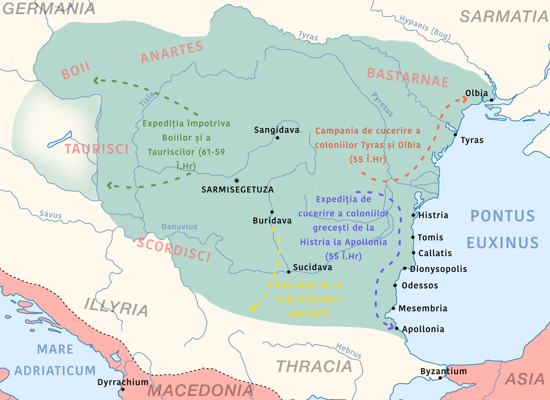 Harta Daciei pe timpul lui Burebista: teritoriul statului, de la Dunărea mijlocie și Tisa până la Marea Neagră și dincolo de Nistru, capitala (scrisă SARMISEGETUZA), cetățile Sangidava, Buridava și Sucidava, coloniile grecești de la Olbia și Tyras până la Apollonia, popoarele din cuprinsul statului (boii, anarții, bastarnii), tauriscii la marginea lui de vest, scordiscii la hotarul de sud-vest și, cu săgeți, expedițiile lui Burebista.