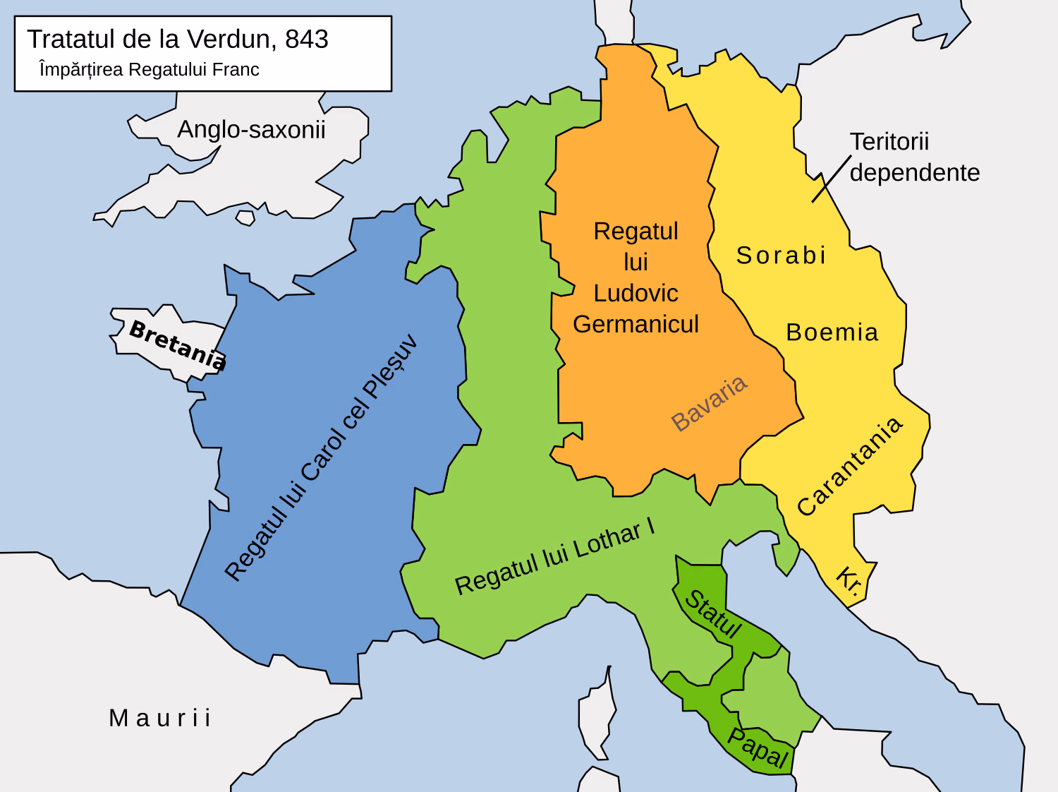 Harta împărțirii Imperiului Carolingian prin tratatul de la Verdun, 843: Regatul lui Carol cel Pleșuv (apusean), Regatul lui Ludovic Germanicul (răsăritean) și Regatul lui Lothar I (mijlociu, cu Italia și Statul Papal), cu Bavaria, Boemia, Carantania și teritoriile dependente la est, Bretania, Anglo-saxonii și Maurii la vest și sud.