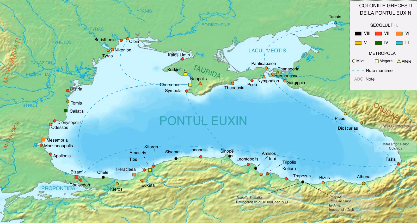 Harta Mării Negre (Pontul Euxin) cu coloniile grecești de pe țărmuri, colorate după secolul întemeierii, de la VIII la III î.H., și marcate după metropolă (Milet, Megara, altele); pe coasta de vest: Histria, Tomis, Callatis, Dionysopolis, Odessos, Mesembria, Apollonia; la nord-vest: Tyras, Nikonion, Olbia; liniile întrerupte arată rutele maritime.