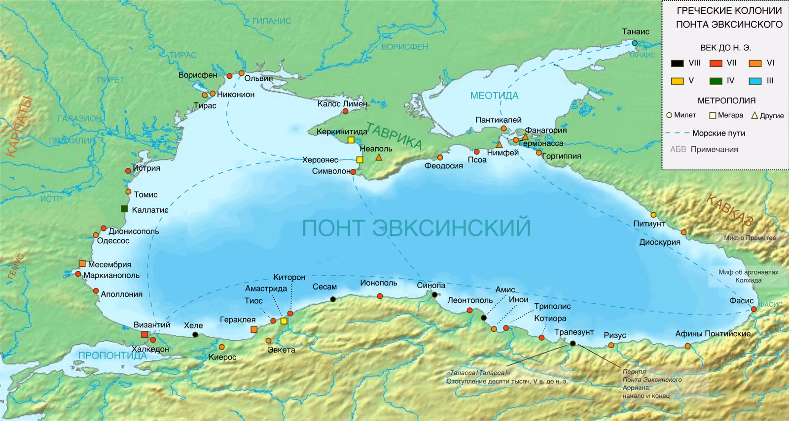 Карта Черного моря (Понта Эвксинского) с греческими колониями на побережье, окрашенными по веку основания, с VIII по III век до н. э., и отмеченными по метрополии (Милет, Мегара, другие); на западном побережье – Истрия, Томис, Каллатис, Дионисополь, Одессос, Месембрия, Аполлония; на северо-западе – Тирас, Никонион, Ольвия; пунктиром показаны морские пути.
