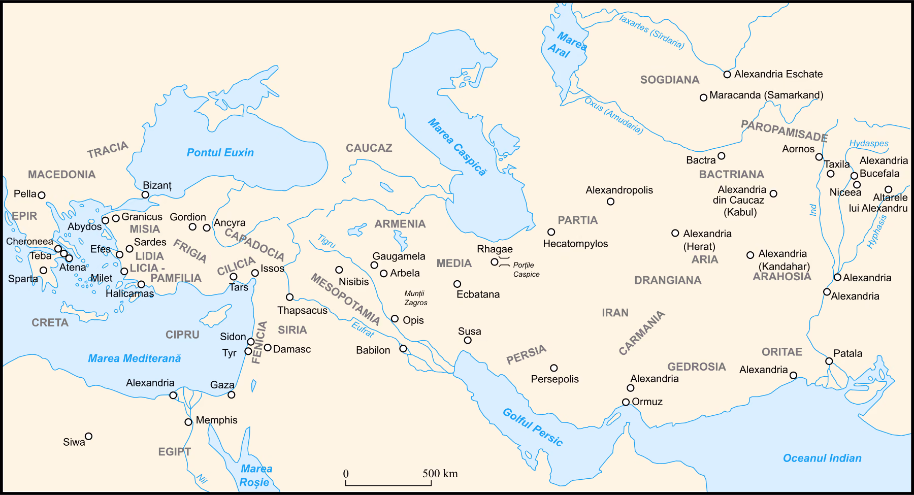 Harta ținuturilor și orașelor din vremea campaniilor lui Alexandru Macedon, de la Macedonia și Egipt până dincolo de Ind, la râul Hyphasis: regiunile Macedonia, Tracia, Misia, Lidia, Frigia, Capadocia, Cilicia, Siria, Fenicia, Egipt, Mesopotamia, Persia, Bactriana și Sogdiana; râurile Nil, Eufrat, Tigru, Ind, Hydaspes și Hyphasis; orașele Pella, Atena, Babilon, Susa, Persepolis și Ecbatana; locurile Granicus, Issos, Gaugamela și Arbela și numeroasele orașe numite Alexandria.