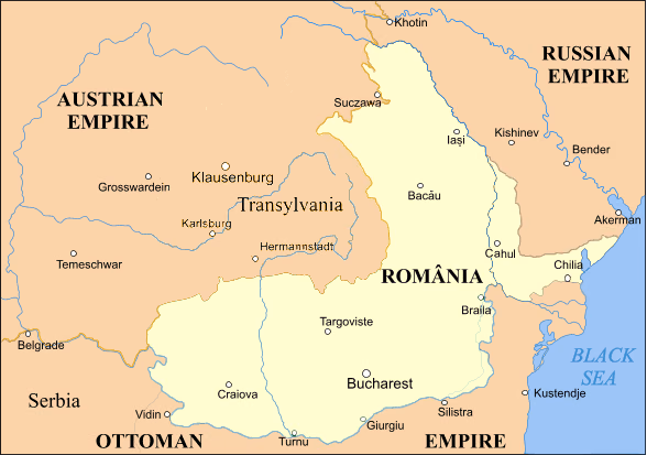 Hartă politică: România (Principatele Unite) în hotarele din 1859–1878, colorată galben pal, între Imperiul Austriac cu Transilvania la vest și la nord, Imperiul Rus la nord-est, Imperiul Otoman la sud de Dunăre și Marea Neagră la est; sunt marcate, printre altele, București, Iași, Craiova, Brăila, Cahul și Chilia.