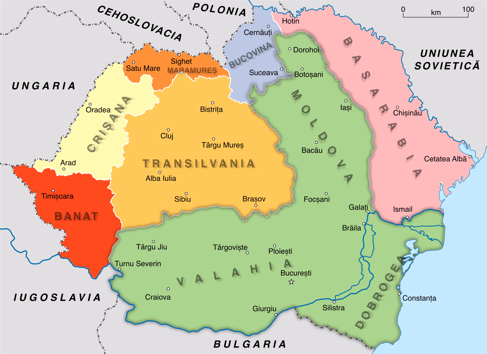 Harta României după Primul Război Mondial: Valahia, Moldova și Dobrogea în verde; Basarabia, Bucovina, Transilvania, Banatul, Crișana și Maramureșul în alte culori; orașele Chișinău, Cernăuți, Alba Iulia, Iași, București și statele vecine.