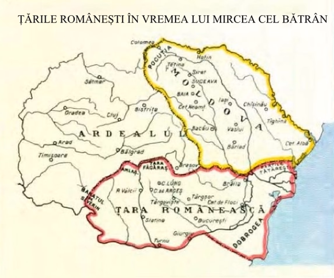 Harta „Țările românești în vremea lui Mircea cel Bătrân”: Țara Românească cu Dobrogea, Amlașul, Făgărașul și Banatul Severinului, Moldova cu Suceava, Cetatea Albă și Pocuția, Ardealul, părțile tătărești și orașele Argeș, Târgoviște, București, Brăila, Siret, Iași, Vaslui, Bârlad, Hotin și inscripția „părțile tătărești”.