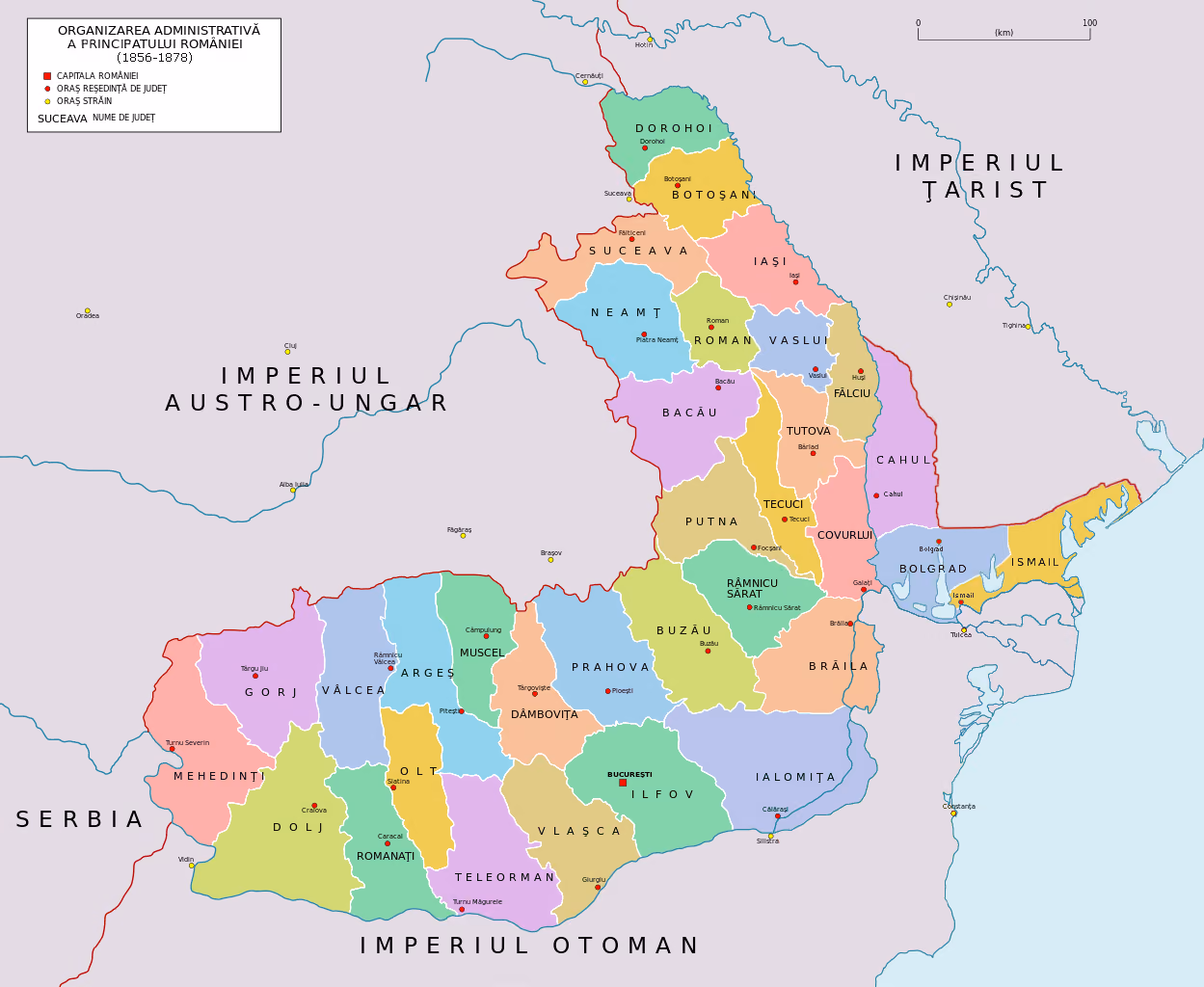Harta administrativă a Principatului României între 1856 și 1878, pe județe, cu vecinii: Imperiul Țarist la est, Austro-Ungar la vest, Otoman la sud și Serbia la sud-vest. În sud-est, la Prut și la Dunăre, sunt județele Cahul, Bolgrad și Izmail (pe hartă, „Ismail”).