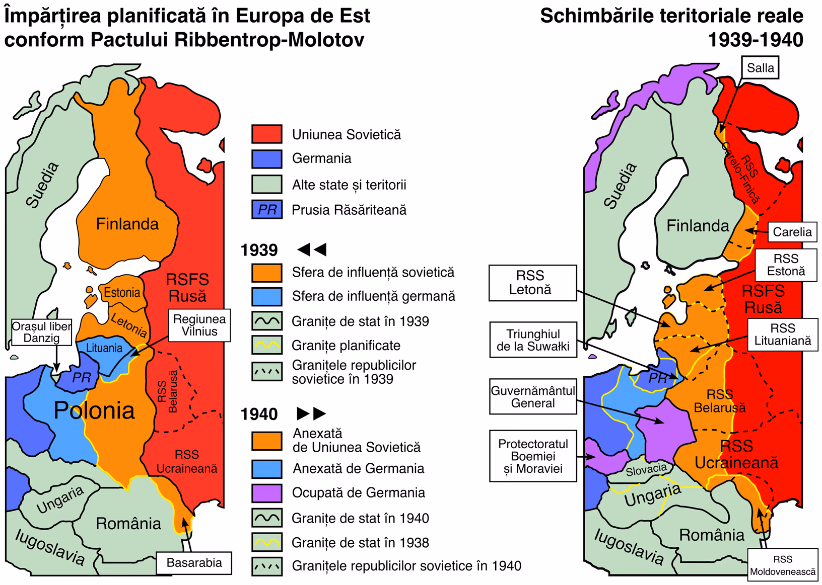 Două hărți ale Europei de Est. În stânga, împărțirea plănuită prin pact în 1939: sfera sovietică (Finlanda, Estonia, Letonia, estul Poloniei, Basarabia) și sfera germană (Lituania, vestul Poloniei). În dreapta, schimbările reale din 1939–1940: teritoriile anexate de URSS, inclusiv RSS Moldovenească, și cele anexate sau ocupate de Germania.