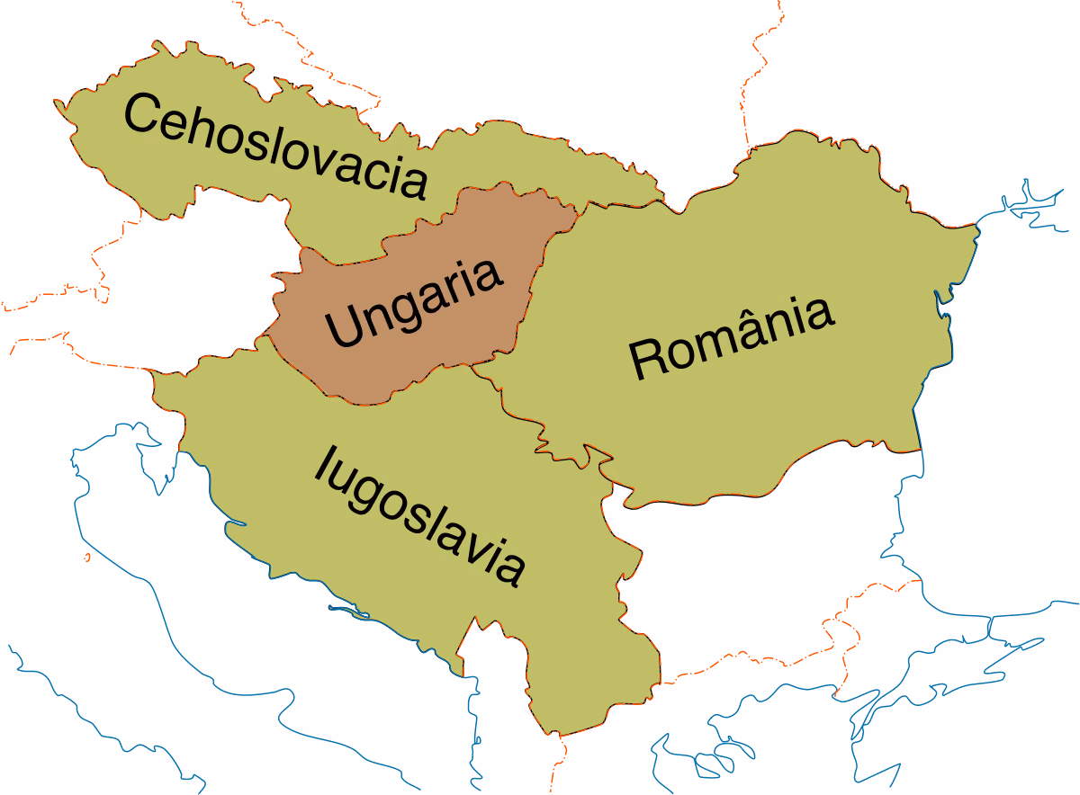 Harta Europei Centrale și de Sud-Est: Cehoslovacia, România și Iugoslavia colorate la fel, ca membre ale Micii Înțelegeri, iar Ungaria, aflată între ele, colorată altfel.