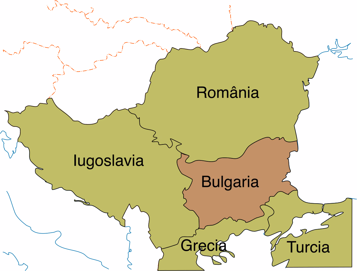 Harta Balcanilor: România, Iugoslavia, Grecia și Turcia colorate la fel, ca membre ale Înțelegerii Balcanice, iar Bulgaria, între ele, colorată altfel.