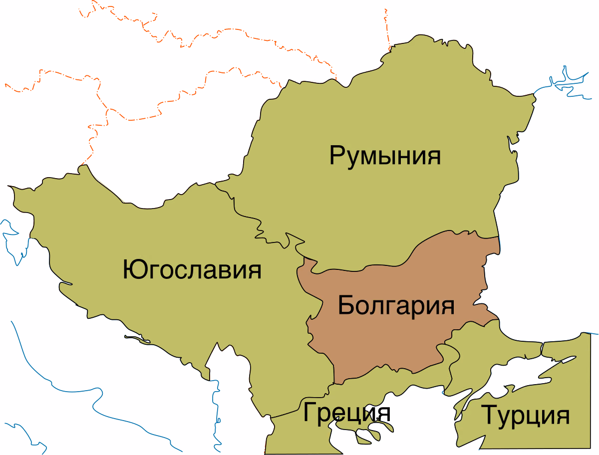 Карта Балкан: Румыния, Югославия, Греция и Турция закрашены одним цветом как члены Балканской Антанты, а Болгария между ними – другим.