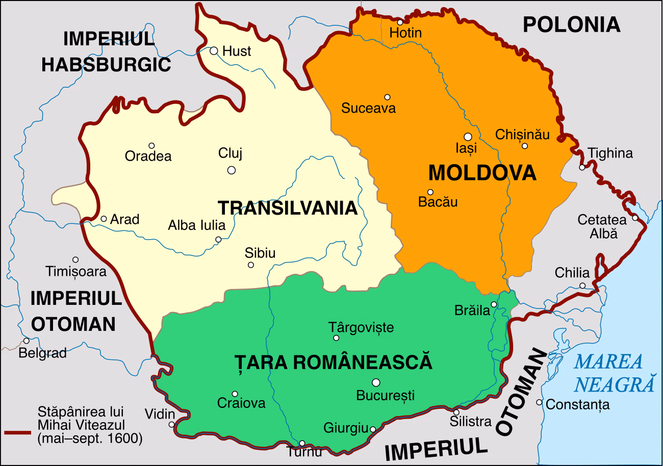 Harta teritoriului stăpânit de Mihai Viteazul în mai–septembrie 1600: Țara Românească (cu Târgoviște, București, Craiova și Giurgiu), Transilvania (cu Alba Iulia, Sibiu, Cluj, Oradea, Arad) și Moldova (cu Suceava, Iași, Bacău, Hotin, Tighina); pe linia Dunării, la frontiera de sud, Silistra, Vidin și Turnu; în jur, Polonia, Imperiul Habsburgic și Imperiul Otoman.