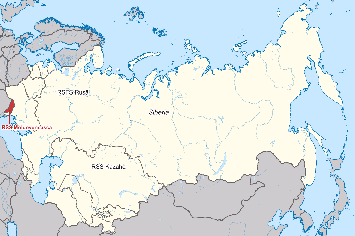 Harta Uniunii Sovietice cu granițele republicilor unionale; RSS Moldovenească este colorată cu roșu la marginea de vest. Etichete: RSS Moldovenească, RSFS Rusă, Siberia, RSS Kazahă.