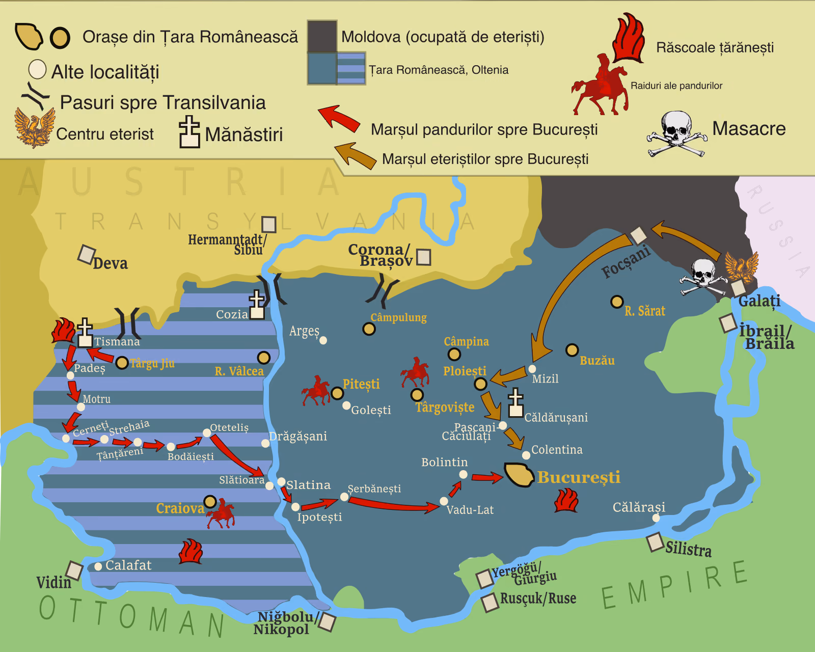 Harta Revoluției din 1821 în Țara Românească: Oltenia, restul țării și Moldova, cu drumul pandurilor de la Padeș prin Motru, Cerneți, Țânțăreni și Slatina până la București, marșul eteriștilor din Moldova spre București, mănăstirile fortificate (Tismana, Cozia), localitățile Craiova (cu un raid al pandurilor), Golești, Târgoviște, Drăgășani, zonele răscoalelor țărănești și locurile masacrelor.