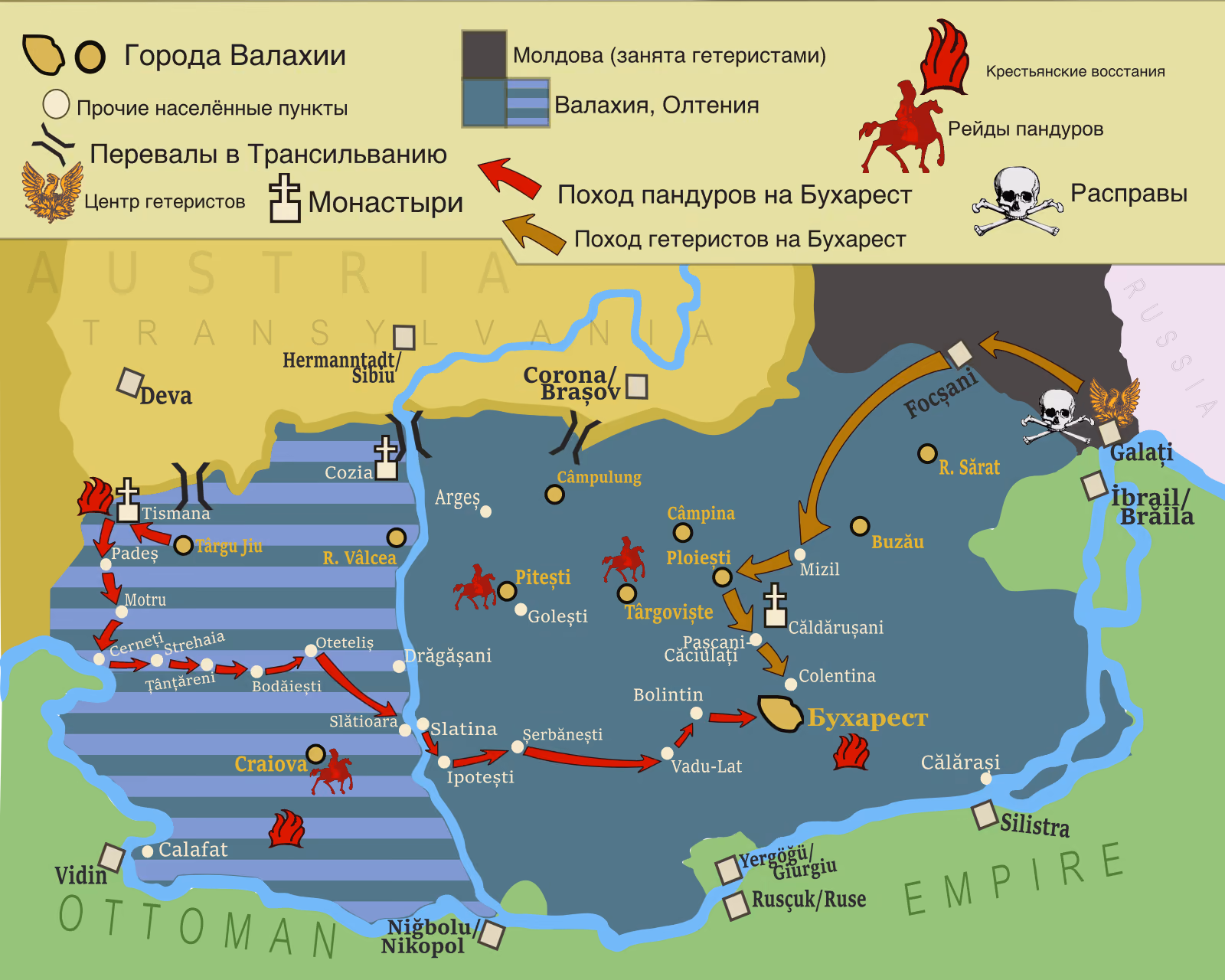 Карта революции 1821 года в Валахии: Олтения, остальная часть страны и Молдова, маршрут пандуров от Падеша через Мотру, Черенци, Цынцэрень и Слатину до Бухареста, поход гетеристов из Молдовы на Бухарест, укреплённые монастыри (Тисмана, Козия), города Крайова (с рейдом пандуров), Голешть, Тырговиште, Дрэгэшань, районы крестьянских восстаний и места расправ.