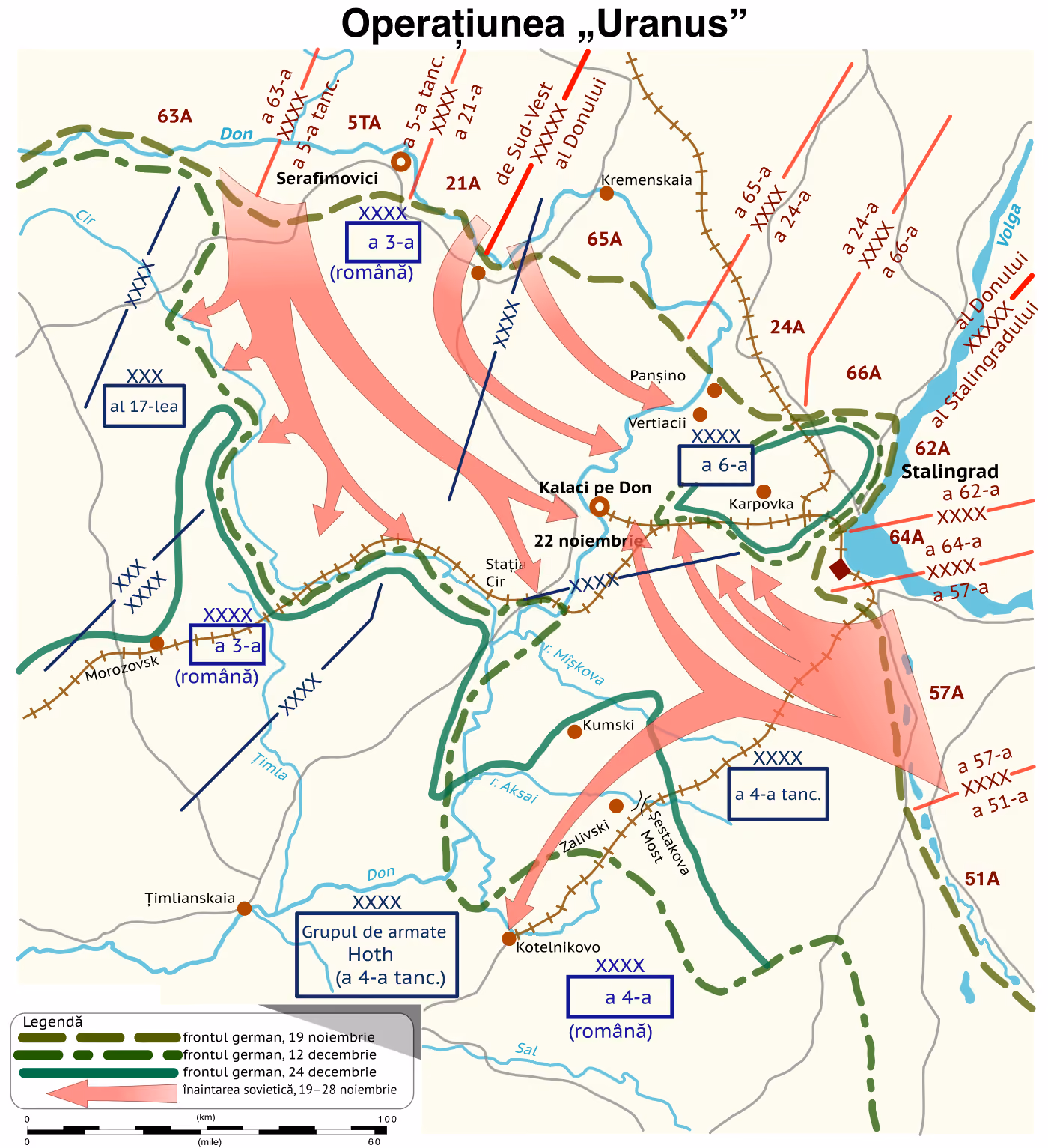 Harta operațiunii sovietice „Uranus” de la Stalingrad, 1942: Donul și Volga, orașul Stalingrad, Kalaci pe Don, Serafimovici, Kotelnikovo; chenare albastre pentru armatele Axei, între ele Armata a 3-a română la nord-vest (de două ori: lângă Serafimovici și lângă Morozovsk) și Armata a 4-a română la sud; săgeți roșii pentru înaintarea sovietică din 19–28 noiembrie; linii verzi pentru frontul german la 19 noiembrie, 12 și 24 decembrie.