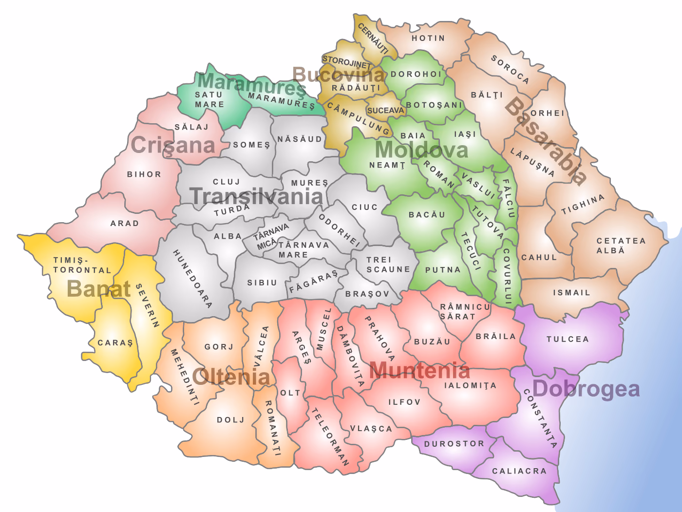 Harta României interbelice pe provincii istorice și județe: Basarabia, Bucovina, Moldova, Muntenia, Oltenia, Dobrogea, Transilvania, Banat, Crișana și Maramureș, fiecare cu altă culoare și cu numele județelor ei.