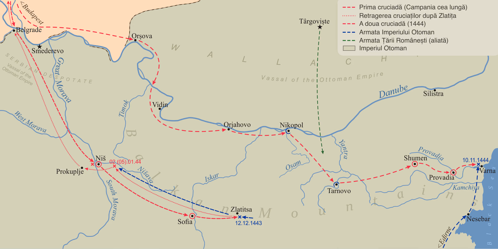 Harta campaniilor cruciaților conduși de Vladislav I și Iancu de Hunedoara în Balcani, 1443–1444: din Belgrad spre Niș, Sofia și Zlatița, apoi retragerea; în 1444 drumul prin Orșova, Vidin, Nikopol și Târnovo până la Varna, cu Dunărea, Țara Românească și Imperiul Otoman.