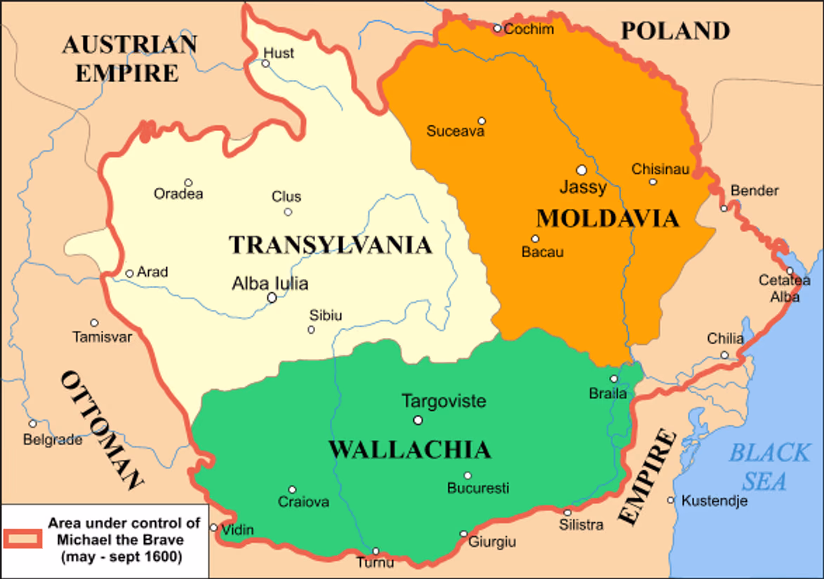 Harta teritoriului stăpânit de Mihai Viteazul în mai–septembrie 1600, conturat cu roșu: Transilvania (Transylvania), Moldova (Moldavia) și Țara Românească (Wallachia), cu orașele Alba Iulia, Iași, Suceava, Târgoviște, București, Craiova, Brăila, Cetatea Albă, Chilia și vecinii: Imperiul Habsburgic (Austrian Empire), Polonia (Poland) și Imperiul Otoman (Ottoman Empire).