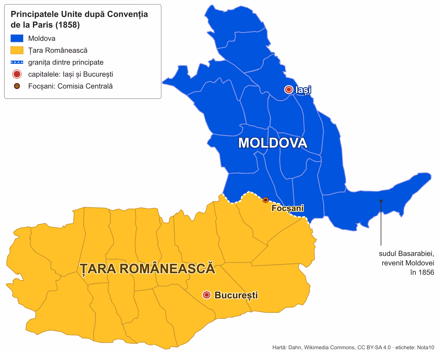 Harta Principatelor Unite după Convenția de la Paris: Moldova cu albastru, Țara Românească cu galben, granița dintre ele punctată, județele, capitalele Iași și București, orașul Focșani și sudul Basarabiei, revenit Moldovei în 1856.