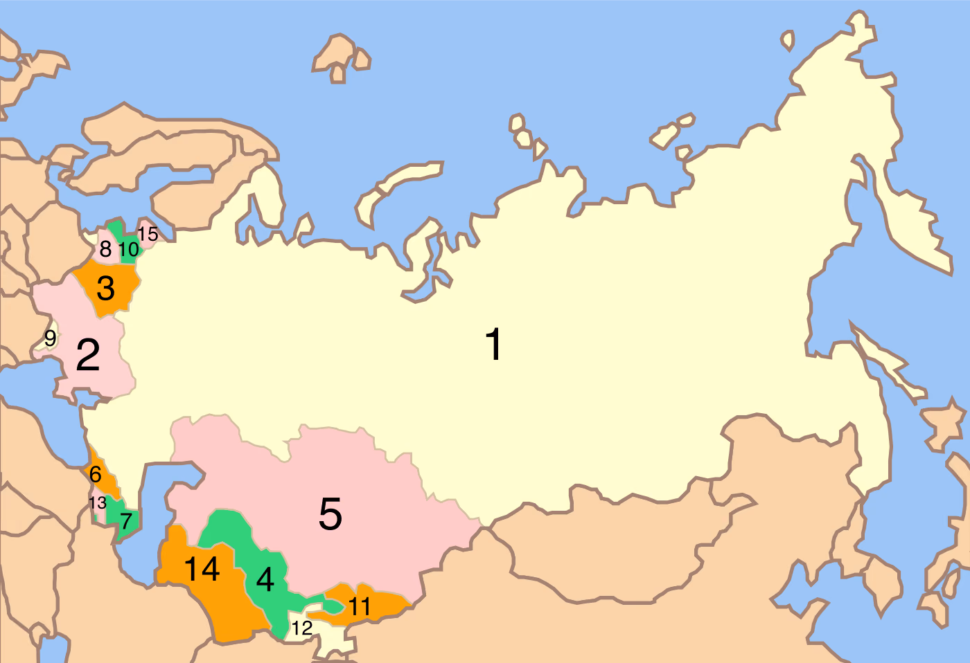 Harta URSS cu cele 15 republici unionale colorate și numerotate de la 1 la 15; RSFS Rusă (1) ocupă cea mai mare parte, RSS Moldovenească (9) este o fâșie mică la vest de RSS Ucraineană (2).