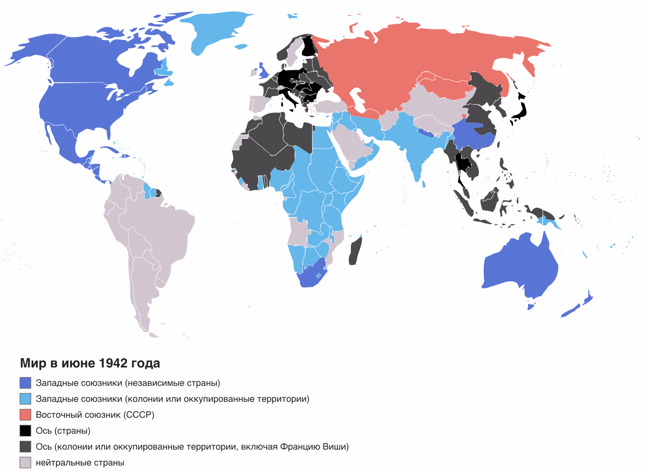 Карта мира в июне 1942 года, раскрашенная по легенде: западные союзники (независимые страны: США, Канада, Австралия, Мексика и другие — синим; колонии или оккупированные территории — голубым), СССР красным, Ось (Германия, Италия, Япония, Финляндия, Румыния и другие) чёрным, территории, оккупированные Осью, включая Францию Виши с её колониями, тёмно-серым, нейтральные страны светло-серым. Ось контролирует почти всю континентальную Европу и значительную часть Восточной Азии.