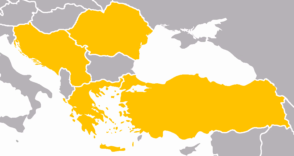 Harta Peninsulei Balcanice și a Asiei Mici: România, Iugoslavia, Grecia și Turcia sunt colorate în galben, celelalte state în gri.