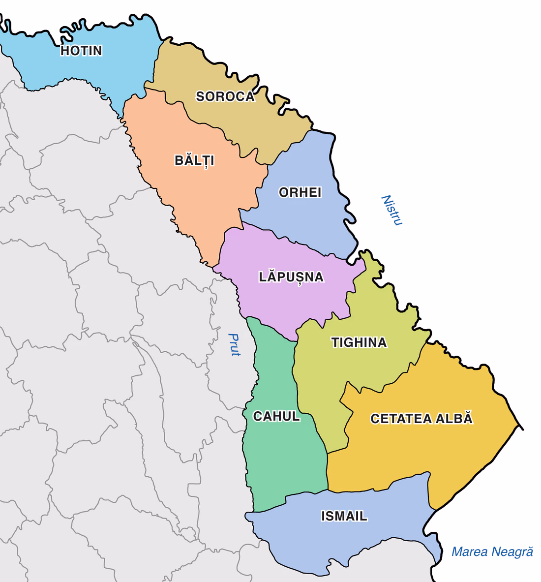 Harta Basarabiei interbelice: nouă județe colorate — Hotin, Soroca, Bălți, Orhei, Lăpușna, Tighina, Cahul, Cetatea Albă, Ismail — între râurile Prut și Nistru și Marea Neagră; județele vecine din România sunt gri.