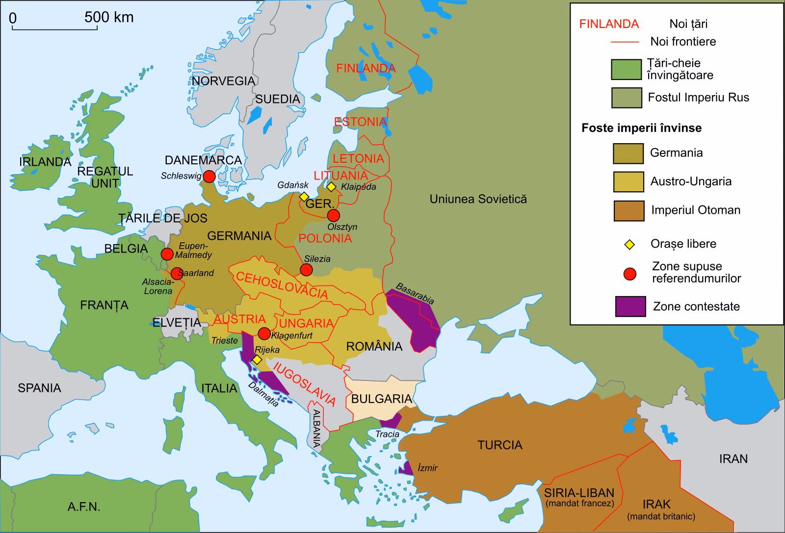 Harta Europei și a Asiei de Vest în 1923: statele noi (Finlanda, Estonia, Letonia, Lituania, Polonia, Cehoslovacia, Austria, Ungaria, Iugoslavia) scrise cu roșu, noile frontiere, învingătorii, fostele imperii învinse, orașele libere Gdańsk, Klaipėda și Rijeka, zonele de referendum și zonele contestate (Basarabia, Dalmația, Tracia, Izmir).