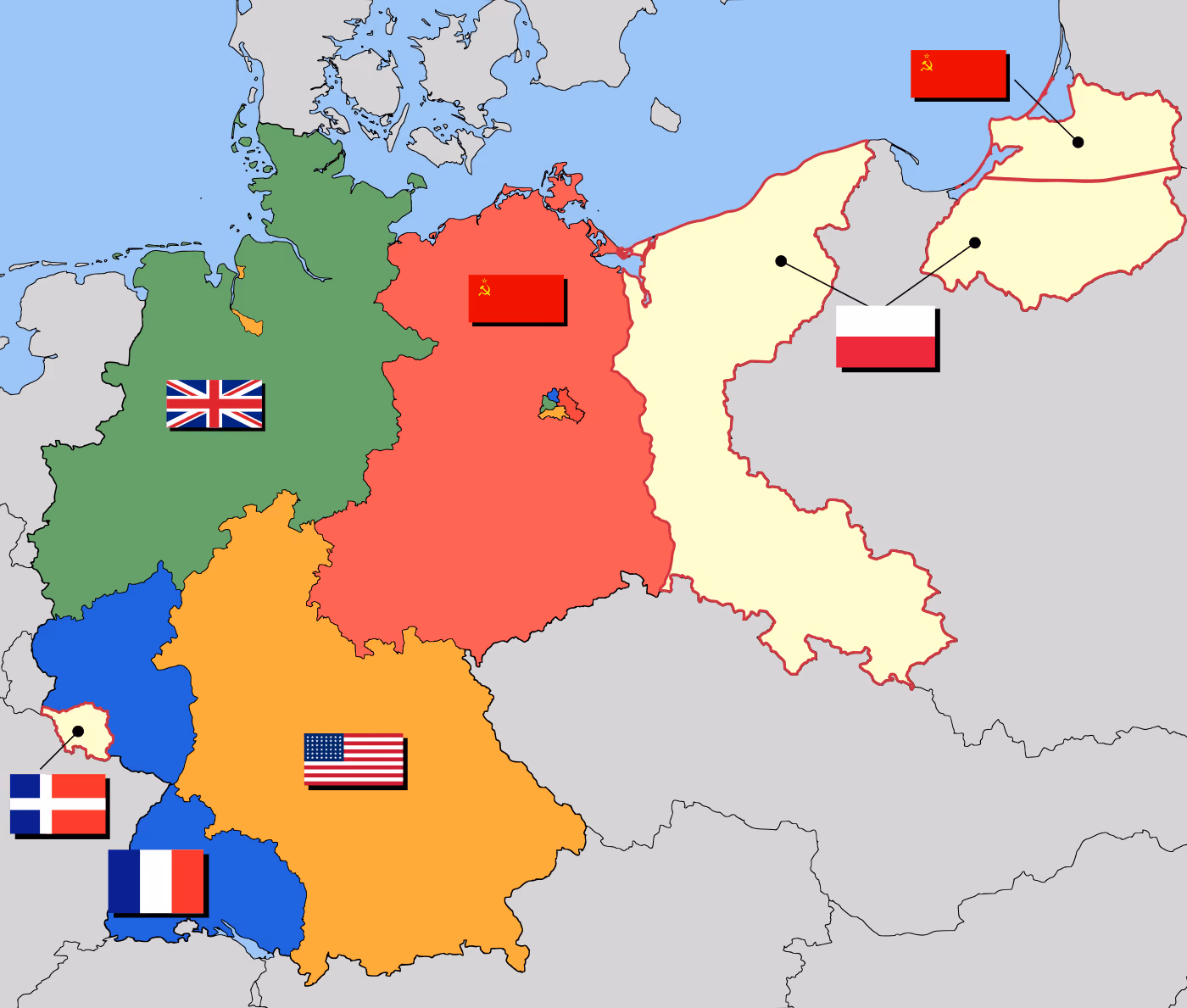 Карта Германии в 1947 году: четыре зоны оккупации, обозначенные флагами: британская (зеленая, северо-запад), французская (синяя, юго-запад), американская (оранжевая, юг), советская (красная, восток); Берлин в советской зоне окрашен в цвета четырех зон; на востоке светлые территории под польским и советским управлением; на юго-западе тоже светлая область Саар со своим флагом.