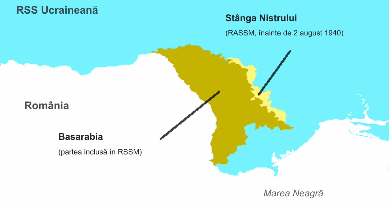 Harta părții de sud-vest a Ucrainei de azi și a Moldovei: partea basarabeană inclusă în RSSM în 1940 este măslinie, fâșia din stânga Nistrului, din fosta RASSM, este galbenă; în jur sunt RSS Ucraineană, România și Marea Neagră.
