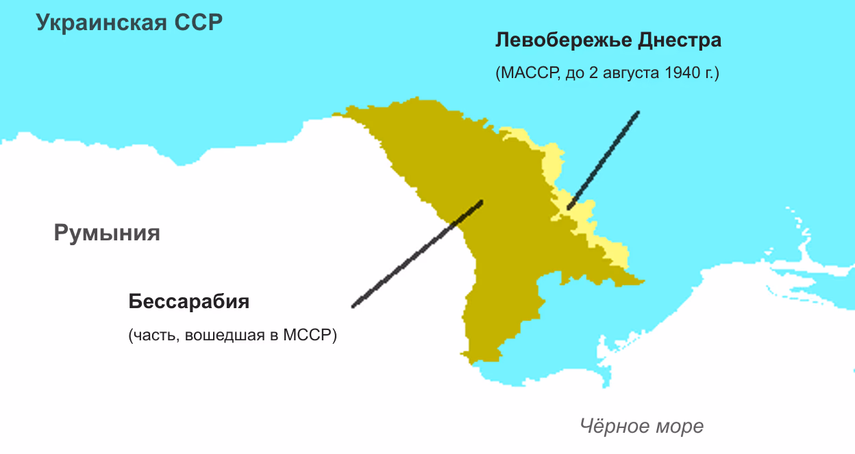 Карта юго-запада нынешней Украины и Молдовы: бессарабская часть, вошедшая в МССР в 1940 году, оливковая, полоса левобережья Днестра из бывшей МАССР жёлтая; вокруг Украинская ССР, Румыния и Чёрное море.