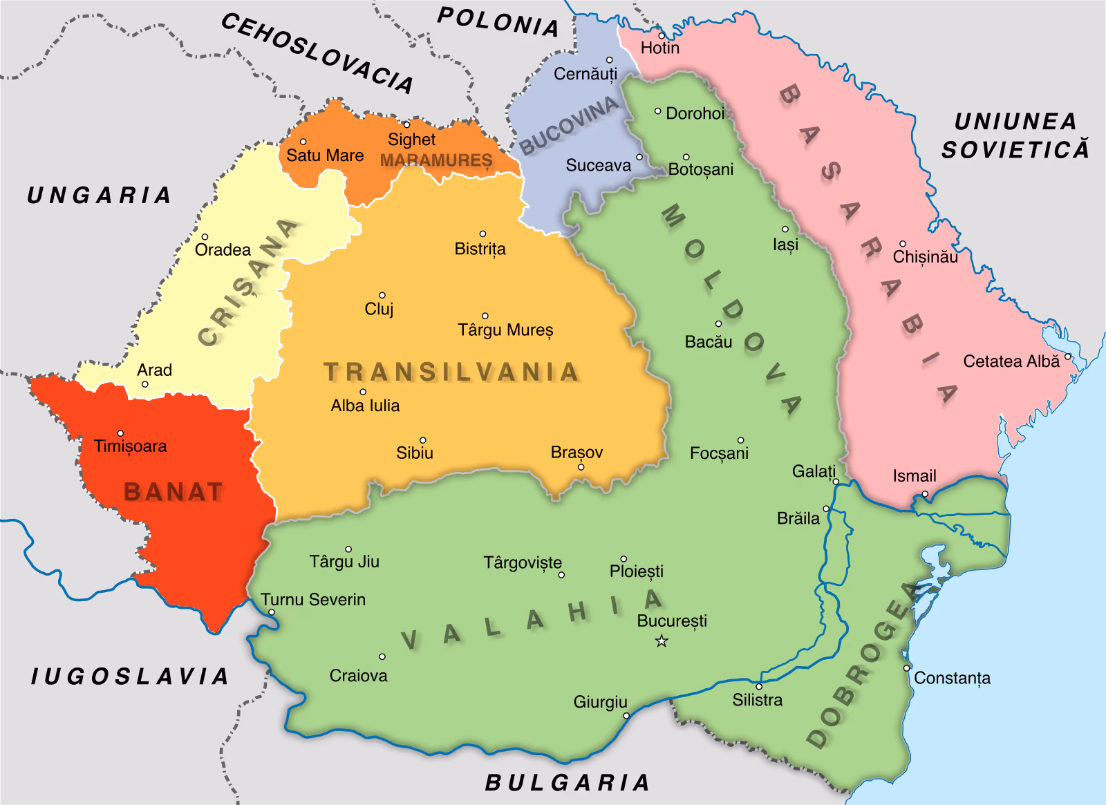 Harta României după Primul Război Mondial: Valahia, Moldova și Dobrogea în verde; Basarabia, Bucovina, Transilvania, Banatul, Crișana și Maramureșul în alte culori; orașele Chișinău, Cernăuți, Alba Iulia, Iași, București și statele vecine.
