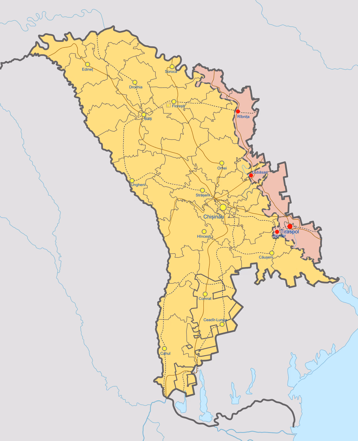 Harta Republicii Moldova: zona de sub controlul autorităților de la Tiraspol în roz, restul țării în galben; orașele Chișinău, Tiraspol, Bender, Dubăsari, Rîbnița, Bălți, Soroca, Orhei, Cahul și altele; două râuri ca linii albastre; Rîbnița, Dubăsari, Tiraspol și Bender au puncte roșii.