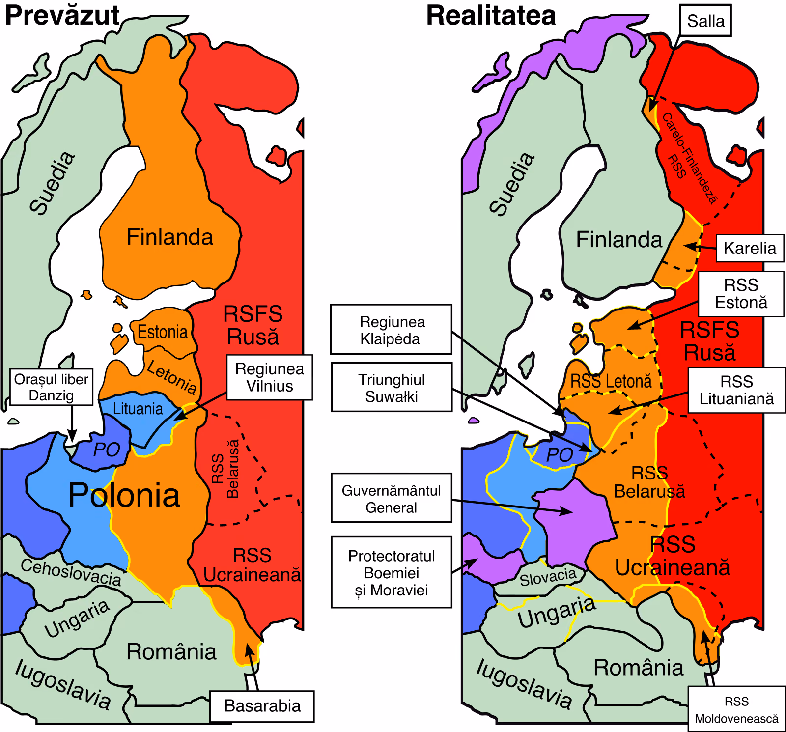Două hărți ale Europei de Est una lângă alta. Stânga, „Prevăzut”: sferele de interes cum le desenează autorul hărții după protocolul din 23 august 1939 — în portocaliu sfera sovietică (Finlanda, Estonia, Letonia, Polonia de est, Basarabia), în albastru cea germană (Lituania, Polonia de vest). Dreapta, „Realitatea”: schimbările din 1939–1940, cu teritoriile ocupate de URSS în portocaliu (Polonia de est, țările baltice, o parte din Karelia, Basarabia).