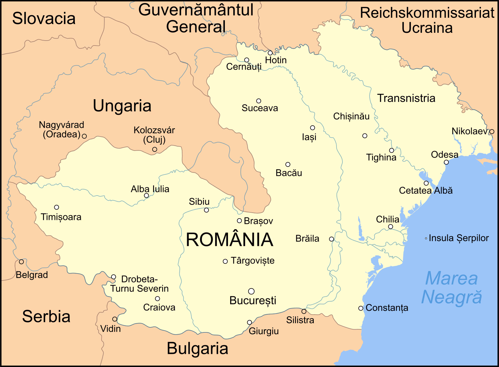 Harta României în 1942: România, Basarabia, nordul Bucovinei și Transnistria (între Nistru și Bug) într-o singură culoare; orașele Chișinău, Cernăuți, Tighina, Odesa, Iași, București; Ungaria, Bulgaria, Reichskommissariat Ucraina și Marea Neagră.
