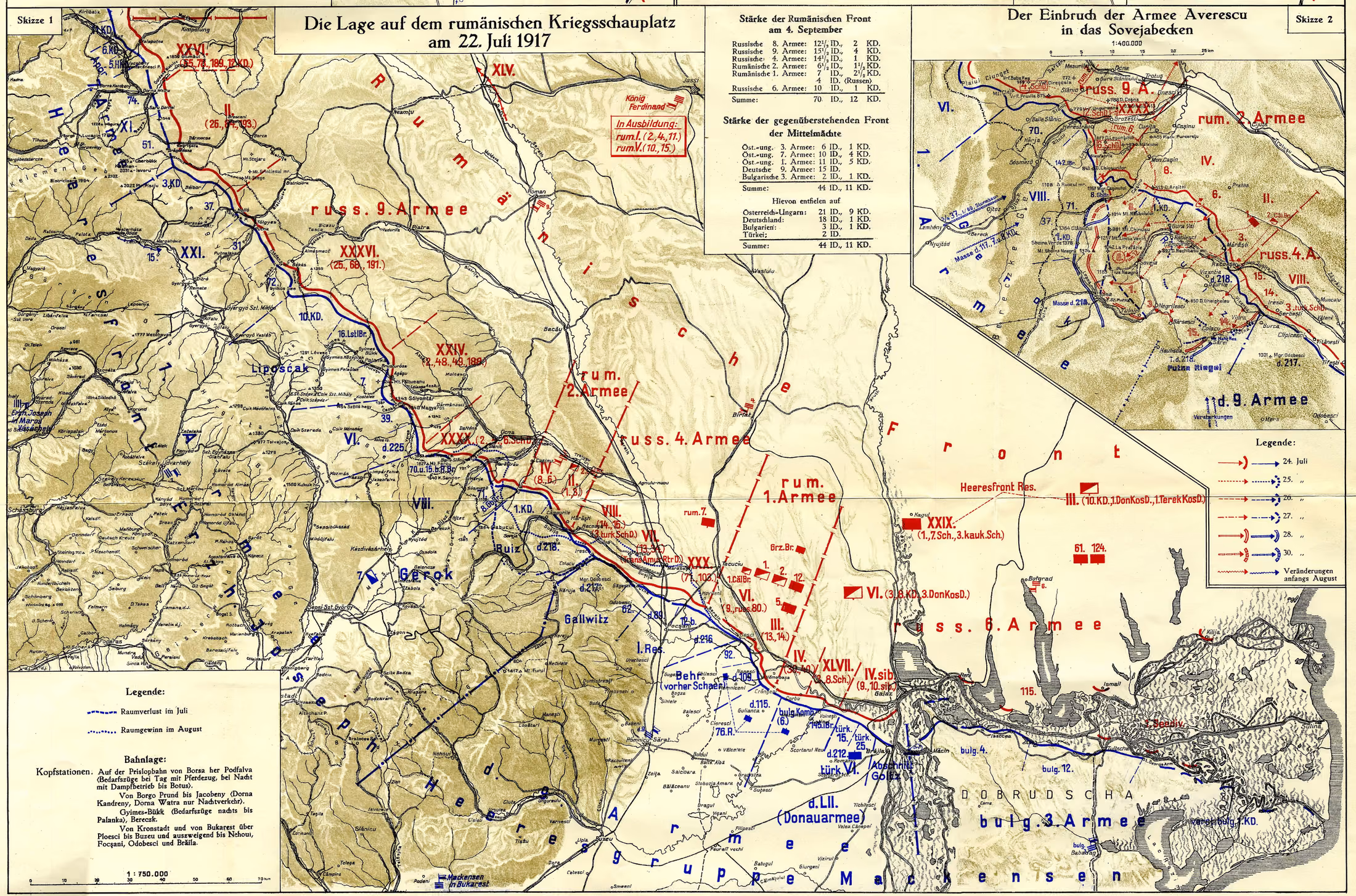 Австрийская военная карта фронта в Молдове на 22 июля 1917 г. с подписями на немецком: линия фронта красным и синим, румынские и русские армии красным, войска Центральных держав синим, города Яссы, Роман, Текуч, Фокшаны, Галац и Брэила.