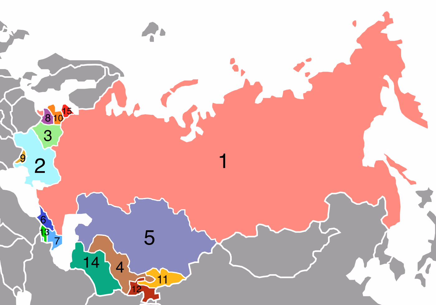Harta URSS în care cele 15 republici unionale au culori diferite și numere de la 1 la 15. Rusia (1) ocupă cea mai mare parte a hărții; la vest se văd Ucraina (2), Belarus (3), statele baltice (8, 10, 15) și o fâșie mică, Moldova (9); în sud, Caucazul (6, 7, 13) și Asia Centrală (4, 5, 11, 12, 14).